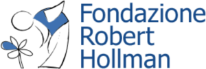 logo fondation robert hollman avec un bonhomme bleu qui se penche vers une fleur avec des pétales blanc et un seul pétale bleu
